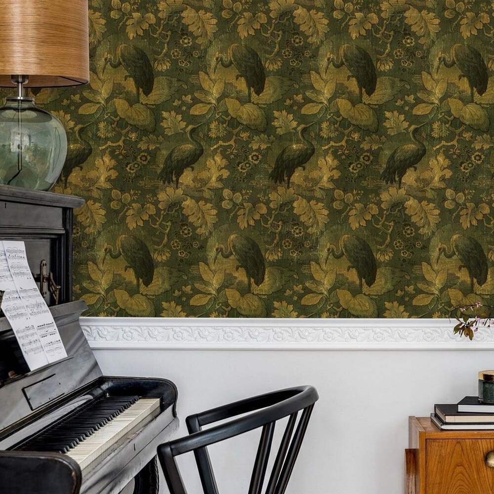NLXL Héron Wallpaper Vert Green Gold Botanical Designer Mr & Mrs Vintage MRV-51